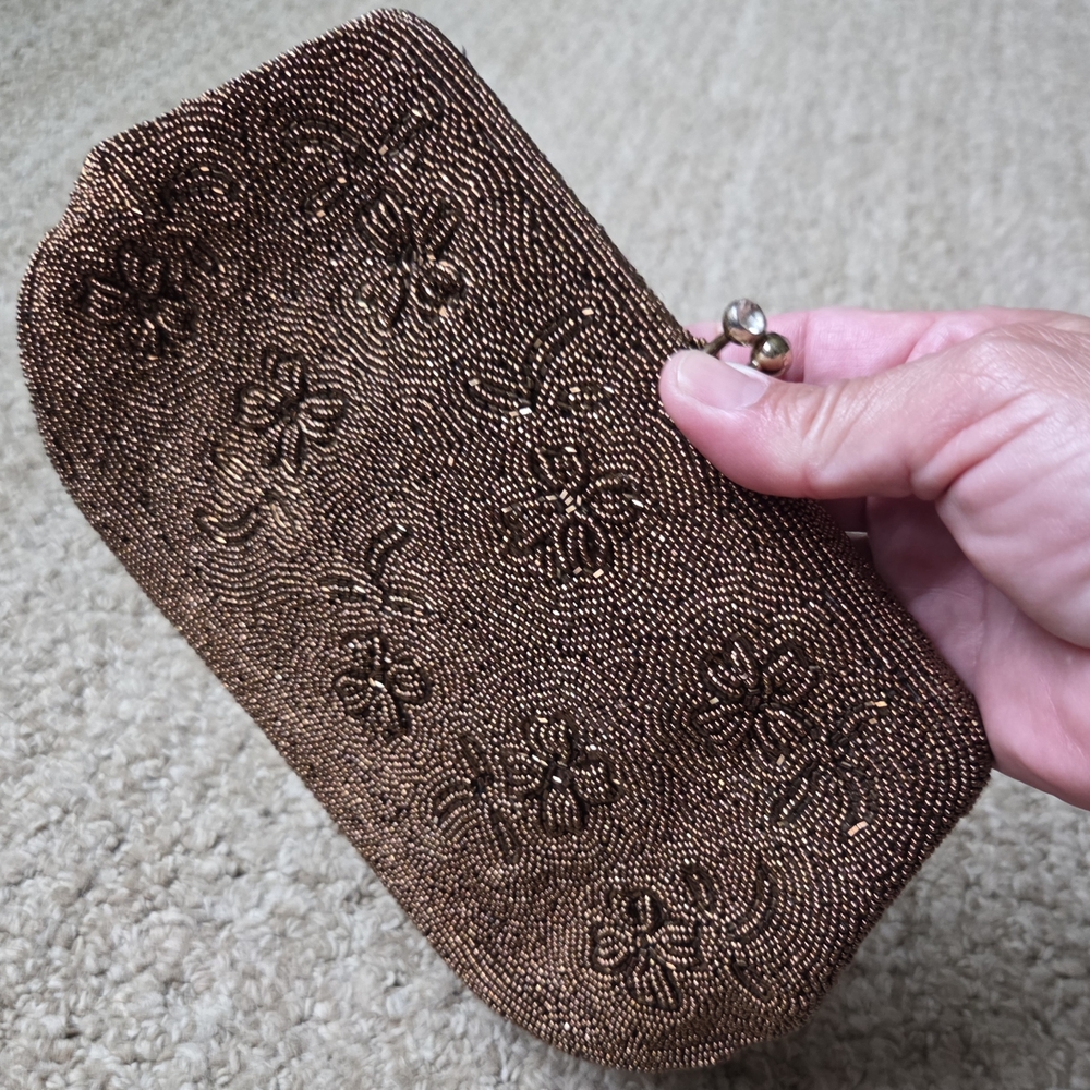 Elegant Copper Brown Vintage Beaded Clutch by Richere.  Made in Japan